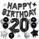 32 Inch 20 Balloon Number, Happy Birthday Balloons Banner 16 Inch Foil Letters Balloon Silver and Black Star Balloons for 20th Birthday Decorations for Boys Black Party Decorations
