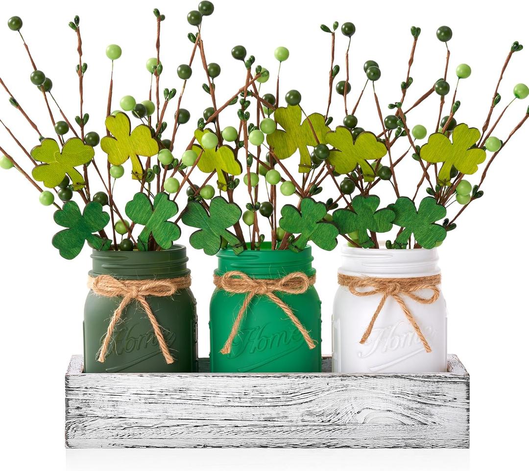 St Patricks Day Table Decor, Centerpieces for Tables, St Patrick's Day Decor with Mason Jar, Farmhouse Wood Tray, Shamrock Artificial Flowers Picks, 10 Pcs St. Patrick's Day Decorations for Table