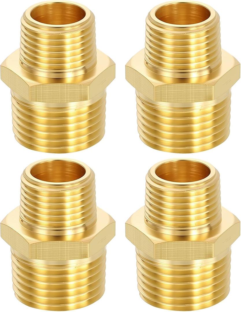 METALLIXITY 4PCS Brass Pipe Fitting, 1/2" NPT Male x 3/8" NPT Male Thread Brass Hex Nipples Extension Adapter for Tub Spout/Shower