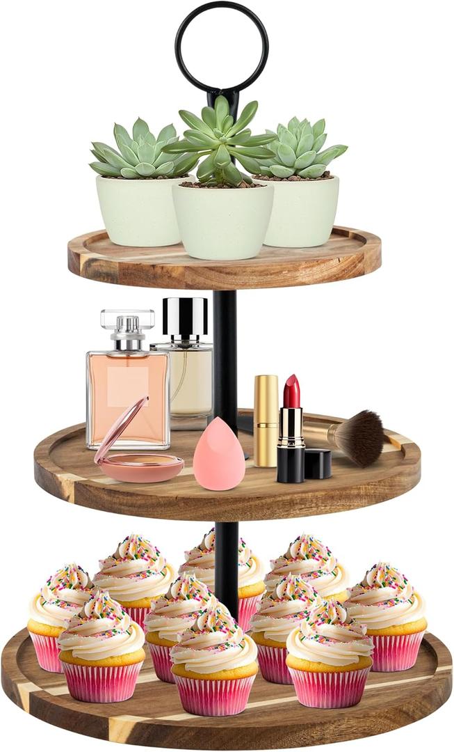 Perco 3 Tier Wooden Cupcake Stand, Acacia Wood Tiered Display Stand for 20 Cupcakes  Rustic Dessert Table Display Set, Tiered Serving Tray for Weddings, Birthdays, Baby Showers & Events