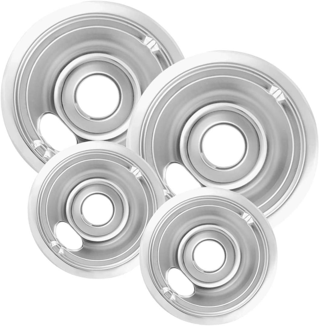 COZZIVITA 4Piece Drip Pans Set  Compatible with GE Stoves  Chrome Finish Electric Stove Burner Drip Pans  2 x 6inch, 2 x 8inch Stove Drip Pans  GE Stove Drip