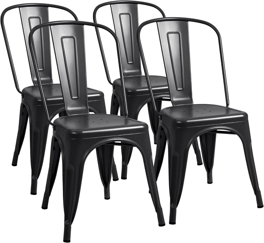 Furmax Metal Dining Chair Indoor-Outdoor Use Stackable Classic Trattoria Chair Chic Dining Bistro Cafe Side Metal Chairs Set of 4 (Black)
