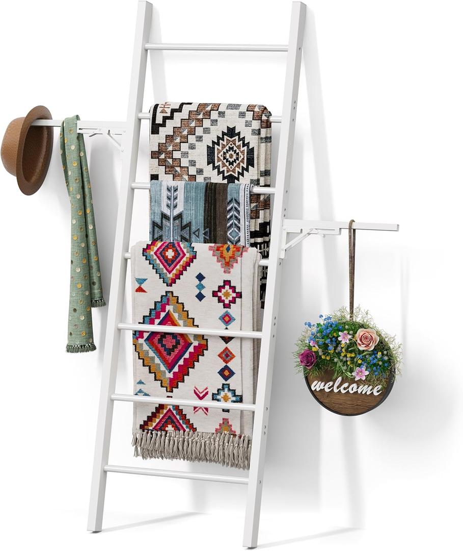 Metal Blanket Ladder, 7-Tier Towel Rack with Ajustable Side Rack, Blanket Rack Stand for Living Room, Bathroom, Quilt Display Ladder Shelf, Farmhouse White