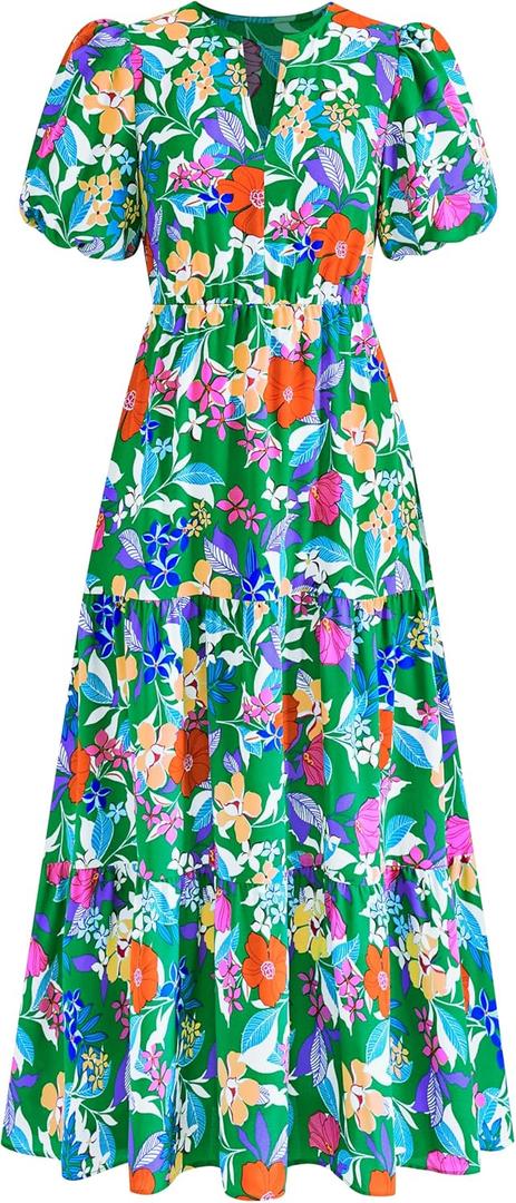 dowerme Womens Summer Dresses 2026 Casual Puff Short Sleeve V Neck Floral Boho Tiered Ruffle Maxi Dress with Pockets (S, Green Orange Flower)