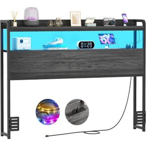 Aheaplus Headboard for Full Size Bed Frame, Headboards with Outlets, USB Ports and LED Light, Head Board with Storage, Height Adjustable, Sturdy and Stable Headboard, Full Size, Black Oak