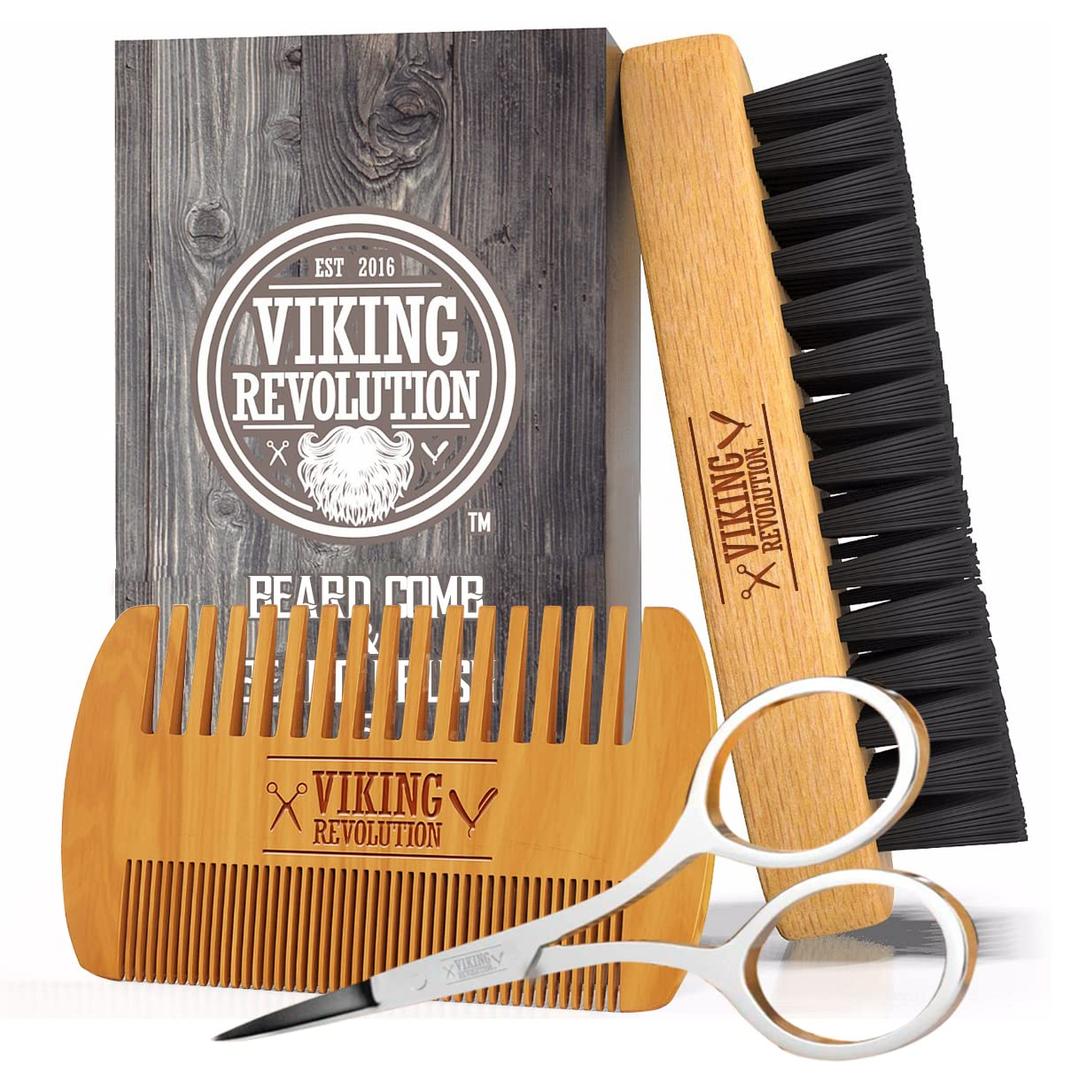 Viking Revolution Beard Comb & Beard Brush Set for Men -- Natural Boar Bristle Brush and Dual Action Pear Wood Comb w/Velvet Travel Pouch - Great for Grooming Beards and Mustaches
