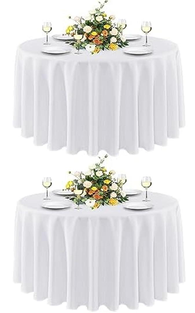 sancua 2 Pack Round Tablecloth 90 Inch White, Stain and Wrinkle Resistant Table Cloth - Washable Polyester Table Cover for Dining Tables, Buffet Parties and Camping