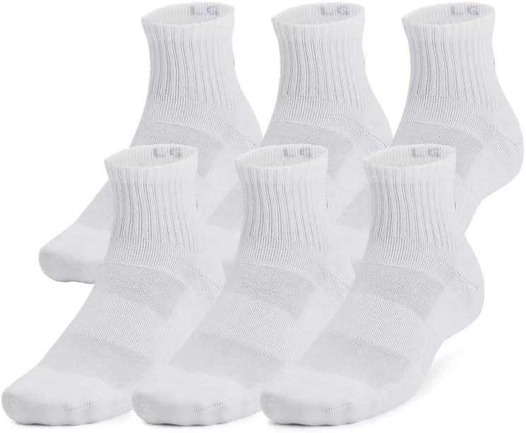 Under Armour Unisex-Adult Training Cotton Quarter Socks 6 Pack (Small, (100) White / White / Black)