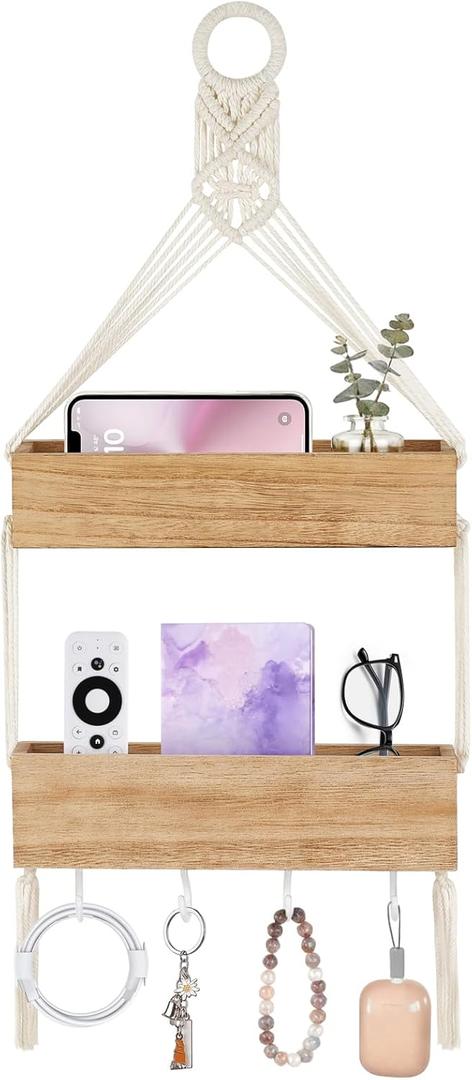 Mkono Macrame Hanging Shelf for Bedside Shelf Organizer with Hooks, Boho Wall Decor Cute Wood Floating Shelves for Girls Bedroom Dorm Nursery, Wall Storage for Phone, Remote, Accessories (Small)