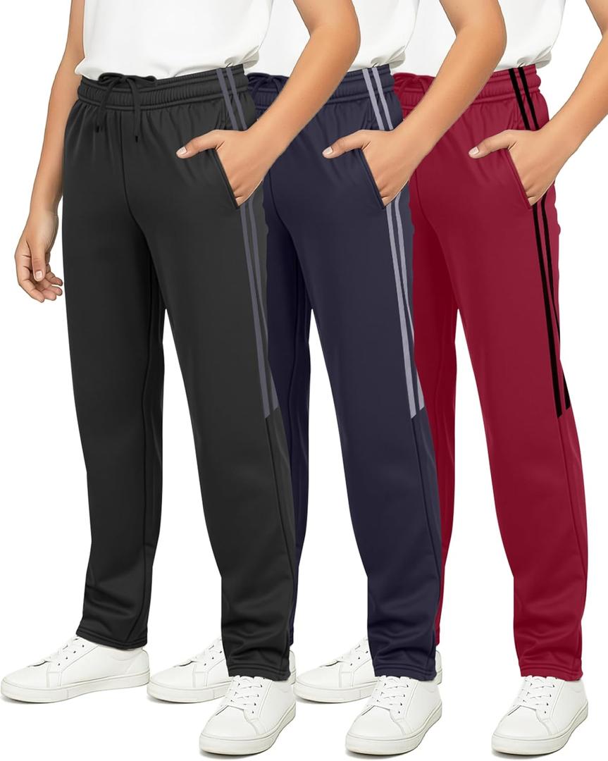 3 Pack Boys' Tricot Sweatpants Open Bottom Kids Teen Athletic Pants Pockets | Available in Sizes 5-16, Youth Activewear, Basketball, Track, Sports, Hiking, Jogging, Back to School, Workout, Gym (Black, L)