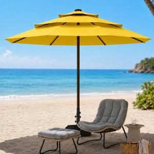 10ft Patio Umbrella, 3-Tier Vented Outdoor Table Umbrella with 8 Sturdy Fiberglass Ribs, Windproof Market Umbrella with Push Button Tilt and Crank, UV Protection for Deck, Pool, Sunshine Yellow