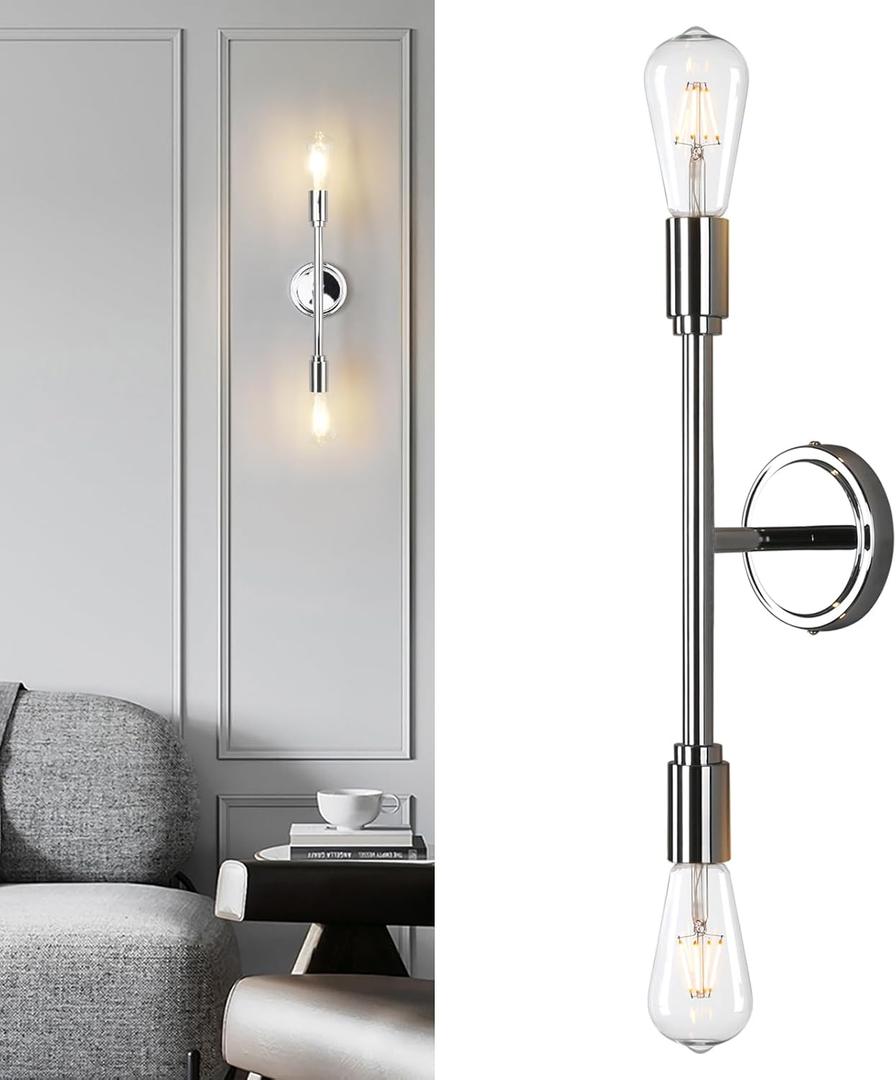 Phansthy 2 Light Wall Sconce Lighting, Chrome Polished Modern Dual Light Bathroom Vanity Light, Minimalist Double Light Wall Lamp for Bedroom Living Room Kitchen (Chrome)