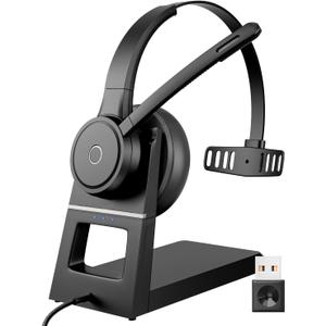 Wireless Headset with Microphone, Bluetooth Headset with Mic, Noise Cancelling Computer Headset, USB Dongle & Charging Base, Mute, for Work/Office/PC/Laptop/Call Center/Zoom/Teams, Black