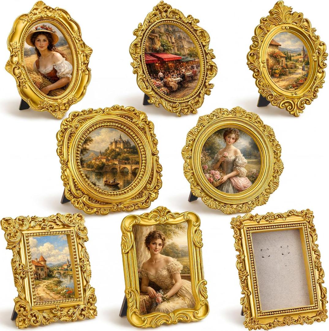 Qunclay 8 Pcs Vintage Picture Frames Set Gold Tiny Picture Frames Wallet Size Baroque Antique Resin Photo Decor for Valentines Day Wedding Party Tabletop Home Decor(Mixed Style 2)