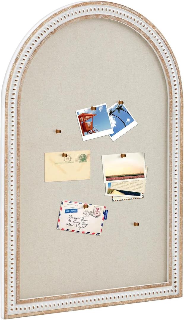 Wonderjune Vintage Framed PinBoard Linen Display Bulletin Board Large Cork Fabric Picture Photo Memo Pinboard Fancy Ornate Decorative Vision Board for Wall(Arch,24" X 36",Distressed White), 37.8" x 23.6"