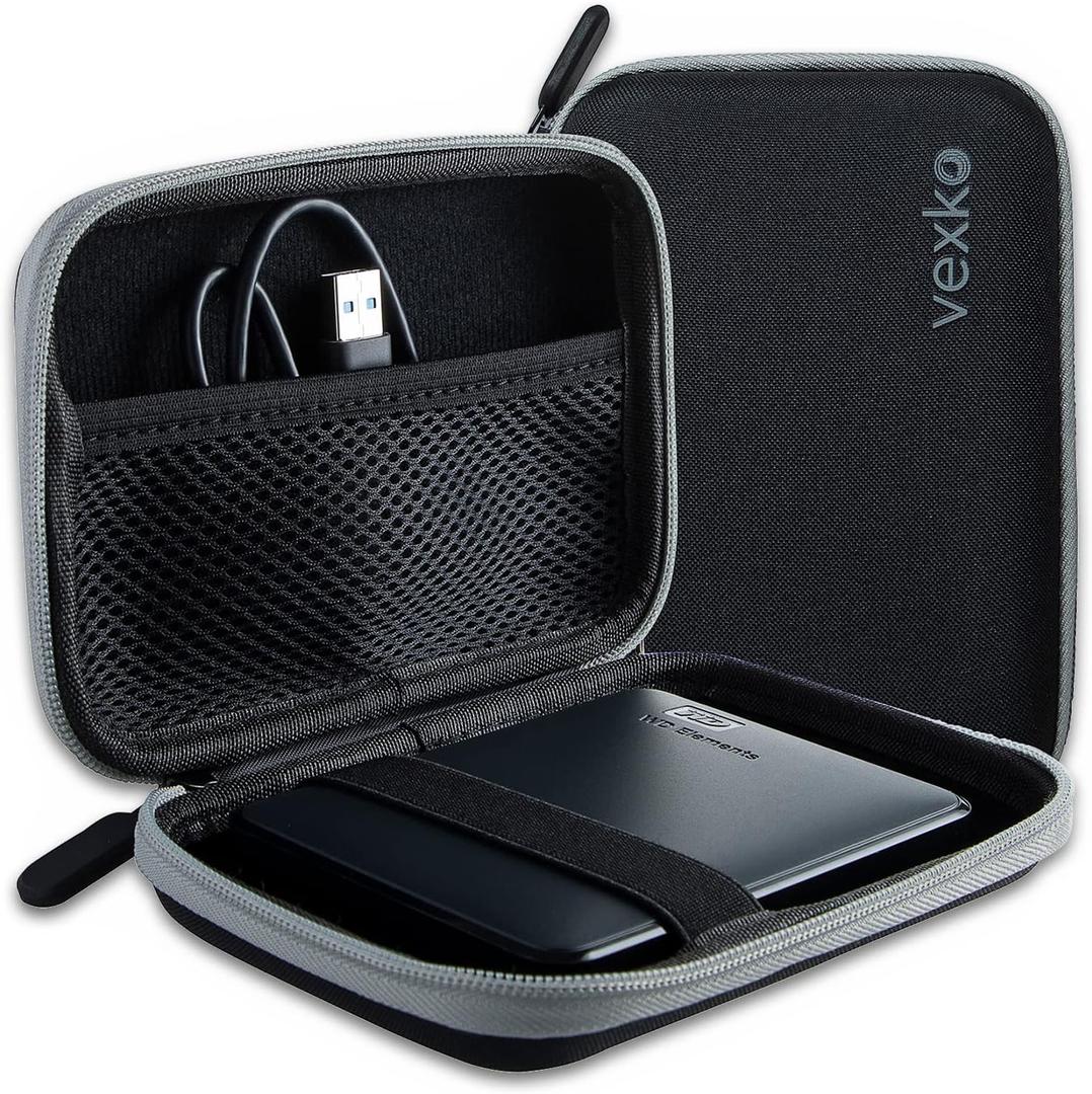 Hard-Shell Carrying Case Portable External Hard Drive Power Bank Charger USB Cable Battery Case (Black)