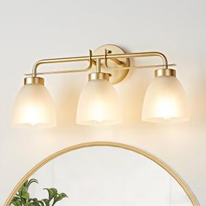 21 Inch Mid-Century Modern Vanity Lights, 3-Light Golden Bathroom Light Fixture with Frosted White Bell Shades, Industrial Wall Sconce for Mirror Over Vanity, Bedroom, Hallway