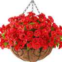 Homsunny Artificial Fake Hanging Flowers Plants with Basket for Outdoor - Fake Petunias Flowers Fake Silk Morning Glory Planter for Outside Porch Patio Balcony Garden Spring Summer Decor(Rose red)