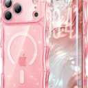 3 in 1 Magnetic for iPhone 17 Pro Max Case, Sparkly Bling Glitter Cute Curly Wave [Fit for MagSafe] 1X Screen Protector+1X Wrist Strap, Trendy Women Girly Clear Case for 17 ProMax 6.9", Pink Clear