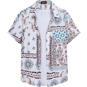 Men's Hawaiian Shirt Casual Short Sleeve Button Down Shirt Coconut Print Summer Beach Shirt with Pocket, XL
