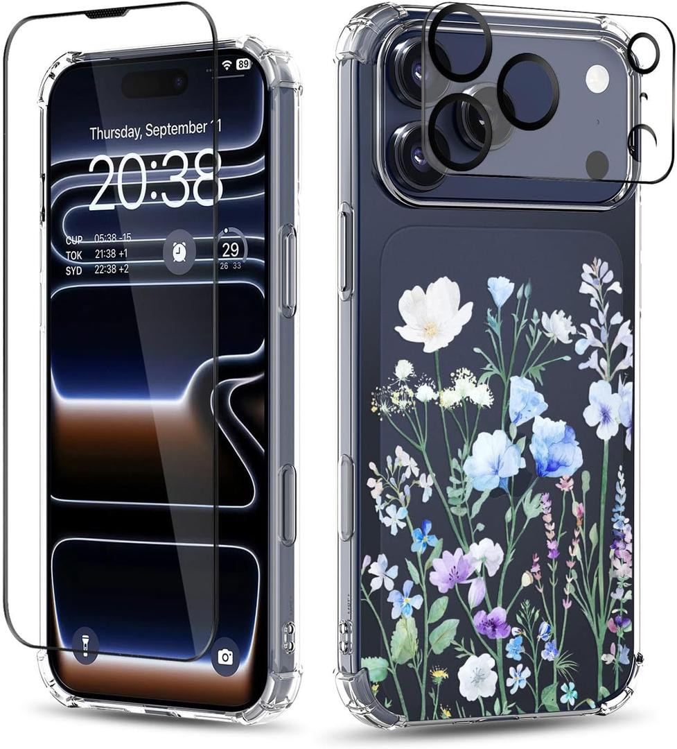 for iPhone 17 Pro Case,[3 in 1] with Screen Protector & Camera Lens Protector,Flower Pattern Design,Clear Soft Shockproof Slim Floral Phone Cover for Women Girls 2025 6.3" (Oriental Lily)