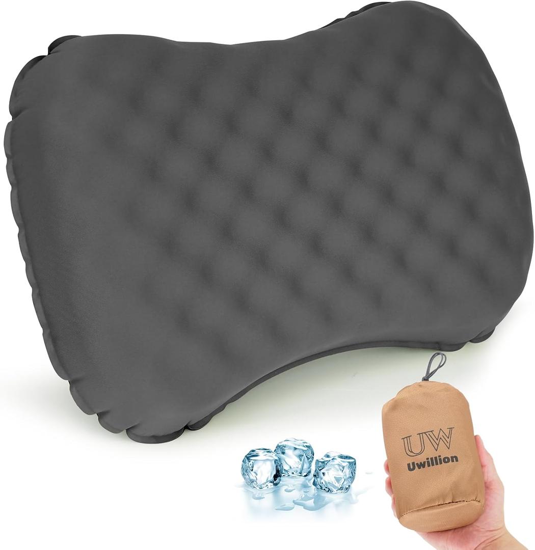 Camping Pillow with Ice Silk Memory Foam Cover - Ultralight Inflatable Pillow for Camping Lightweight, Ergonomic and Washable for Camping, Hiking, and Travel Gray (Grey)
