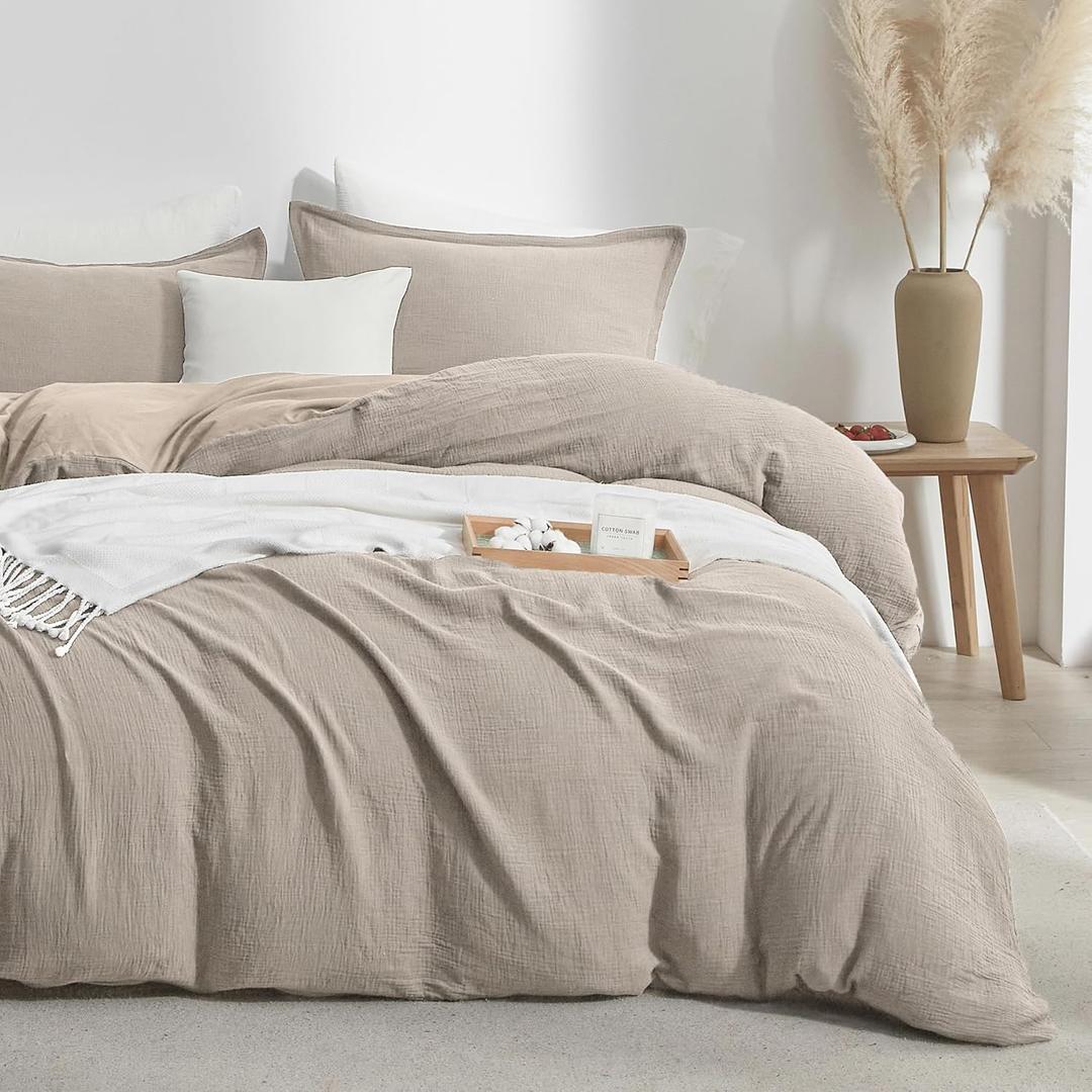 Bailix Muslin Duvet Cover Set King Size, 100% Washed Cotton Gauze Duvet Cover for All Seasons, Linen Like, 3 PCS, 1 Fluffy Duvet Cover(104"x90") with 2 Pillow Shams(20"x36"), Oatmeal