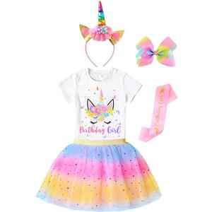 Doctor Unicorn Girls Birthday Costume Outfit Set Pink Yellow Blue Tutu, Unicorn Shirt, Headband, Hair Bow & Birthday Sash (4-5T)