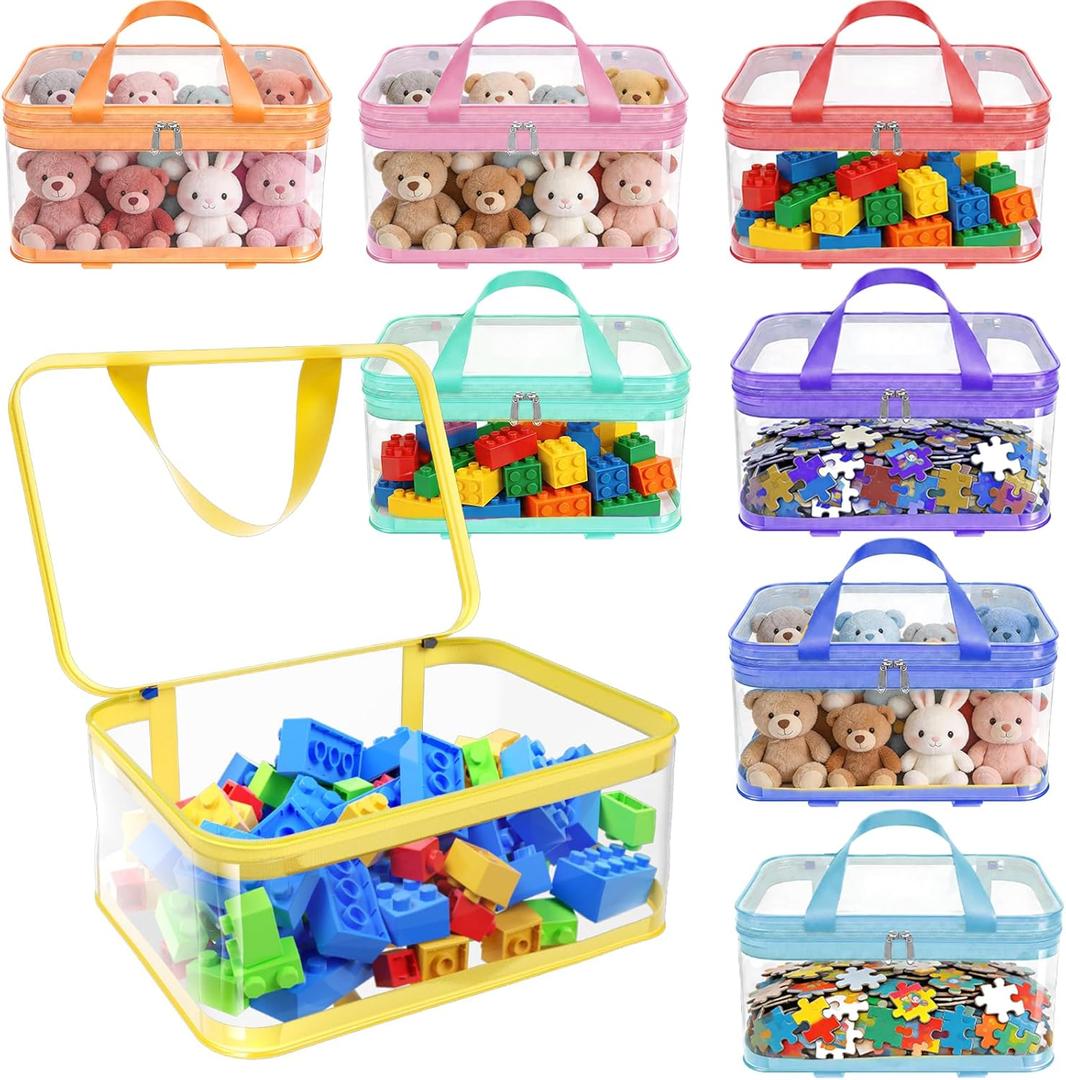 8pcs Extra large color Toy Storage Bags with Zipper and Labels, Clear PVC Waterproof Toy Organizers Bags for Board Games, Puzzles Pieces, Building Blocks, Handmade Accessories