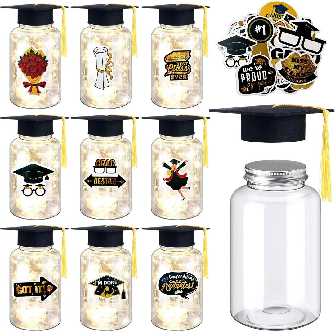 10 Sets Graduation Mason Jar, 2025 Graduation Centerpieces with Fairy String Lights and Graduation Stickers, Graduation Table Decorations Graduation Party Supplies Favors for College School