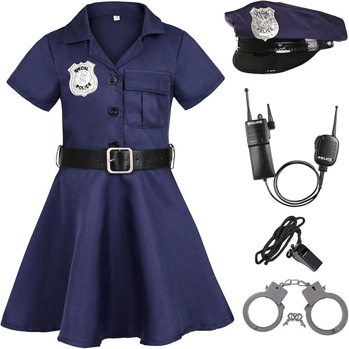 Girls Police Officer Costume Cop Outfit for Girls Cop Halloween Dress Up, Size 7-8 Years