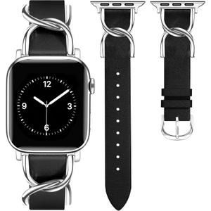 JR.DM Designer Leather Bands for Women,Dressy Fancy Cute Strap with Double U-Shaped Buckle Watch Bands for iwatch Compatible with Apple Watch Series 11/10/9/8/7/6/5/4/3/2/1 Ultra 1/2/3 SE 1/2/3 (A1 Black/Silver)