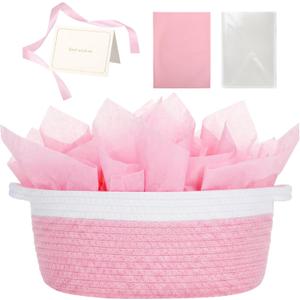 woric Baby Gifts Basket Woven Basket Rope Baskets for Wedding Gifts Empty Baby Shower Toy Storage Girls Mothers Day Graduation Decor (Pink 12"X 8" X 5" with Gift Bag Card Ribbon Tissue Paper)