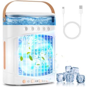 Portable Air Conditioners Parts Fans, 4-in-1 Portable Air Cooler Fan with 700mL Tank, 2 Speeds & 7-Color LED Lights - Mini Evaporative AC Unit for Camping, Office, Bedroom, Car (White)