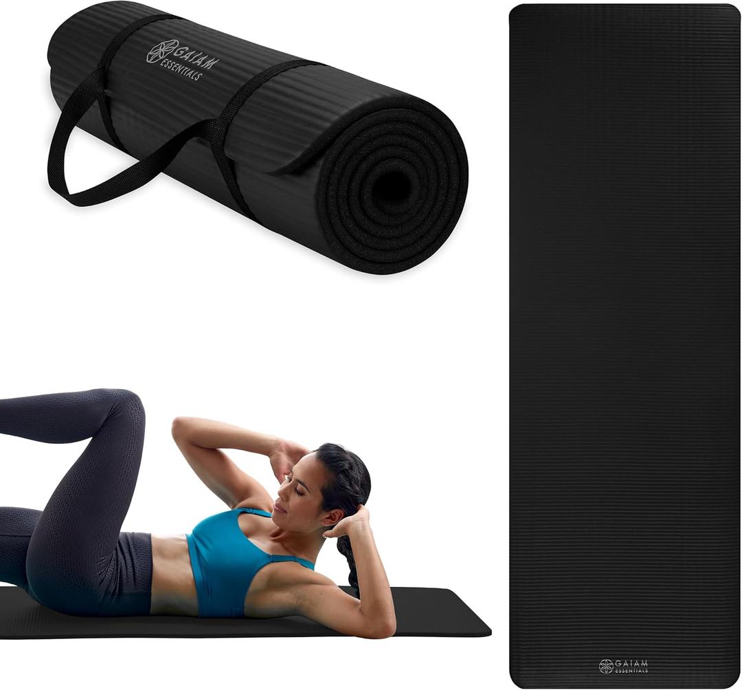 Gaiam Essentials 2/5" Thick (10mm) Yoga & Pilates, Fitness & Exercise Mat with Easy-Cinch Carrier Strap Cushion Support For Fitness and Gym Workouts (Black)