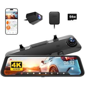 WOLFBOX 12" 4K Rear View Mirror Camera with 5.8GHz WiFi and Voice Control, Smart Mirror Dash Cam Front and Rear, Backup Camera with 1080P Rear Camera, Dash Cam with WDR, Includes 64GB Card & GPS