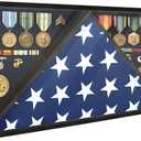 Memorial Flag Display Case for 5' x 9.5' American Veteran Burial Flag with HD Tempered Glass, Military Shadow Box with Velvet Felt Lining for Medals, Black