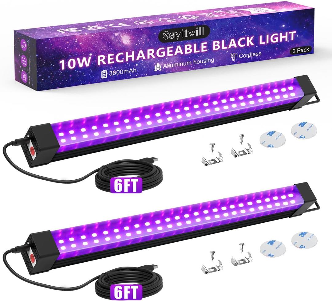 Rechargeable Black Light Bar 2 Packs, Battery Powered Black Lights for Glow Party, Cordless UV Strip Lights with On/Off/Dimma/Flash Switch, for Classroom, Neon,Uranium glass,Paint, Poster,Stage