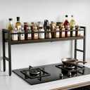 Over the Stove Spice Rack, 16.5 x 5.5 x 3.5 in Black Metal Heavy Duty Anti-Slip Countertop Standing Shelf Organizer with Wood Board for Kitchen, Seasoning Storage, Sink Countertop