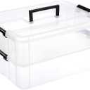 JUXYES 2-Tiers Stack Carry Storage Box With Handle, Transparent Stackable Storage Bin With Handle Lid Latching Storage Container for School & Office Supplies (Black)