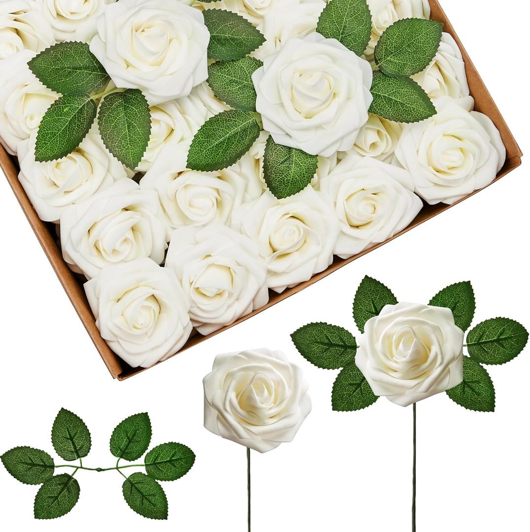 InnoGear Artificial Flowers, 50 Pcs Ivory White Foam Fake Roses Bulk with Stems for Decoration DIY Wedding Bouquets Centerpieces Bridal Shower Party Christmas Tree