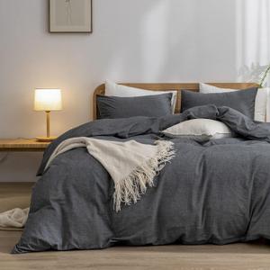 BESTOUCH Duvet Cover Set 100% Washed Cotton Linen Feel Super Soft Comfortable Chic Lightweight 3 PCs Home Bedding Set Solid Dark Black Queen (Queen (90" x 90"))