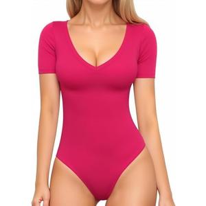 MANGOPOP Short Sleeve V Neck Bodysuits for Women, Sexy Fitted Top with Snap Closure(Rose Pink, XX-Small)