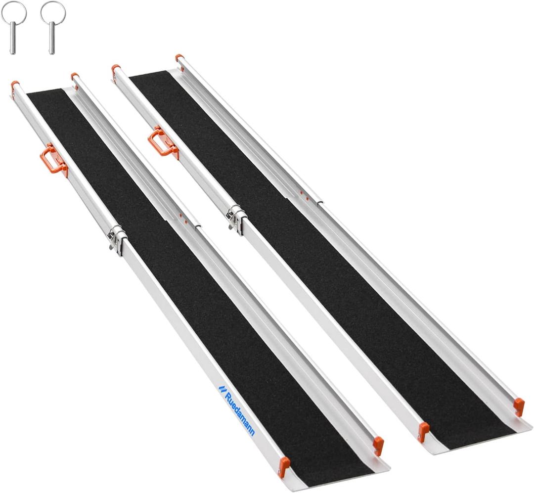 Ruedamann 8FT x 8.3" Adjustable Wheelchair Ramp with Handle, Telescoping Portable Wheelchair Ramp for Home Steps, 600lbs Capacity, Non-Skid Lightweight Scooter Ramp for Van, MPV, Caravan, 2Pcs