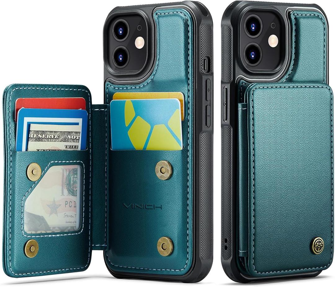 Vinich for iPhone 12/12 Pro Wallet Case with Card Holder, RFID Blocking Credit Slots Kickstand Shockproof Phone Cover Fit for iPhone 12/12 Pro 6.1" Bluish Green