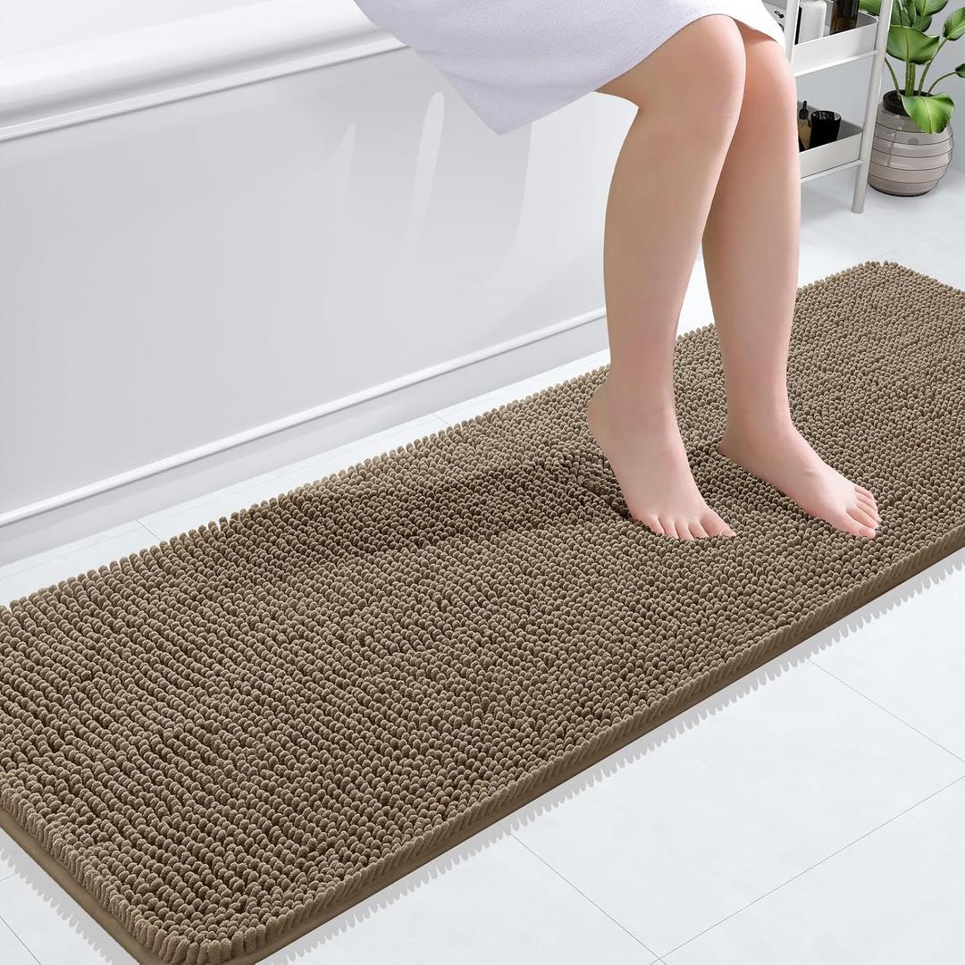 OLANLY Bathroom Rugs 59x20, Extra Soft Absorbent Chenille Bath Rugs, Rubber Backing Quick Dry, Machine Washable Bath Mats for Bathroom Floor, Tub and Shower, Home Decor Accessories, Tan