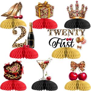 Cheetah Cherry 21st Birthday Honeycomb Centerpieces 8pcs for Women Twenty First Birthday Decor Leopard Cheery Table Decor Cheetah Leopard Print Bow Safari Jungle Wild Animal Anniversary Party Supplies