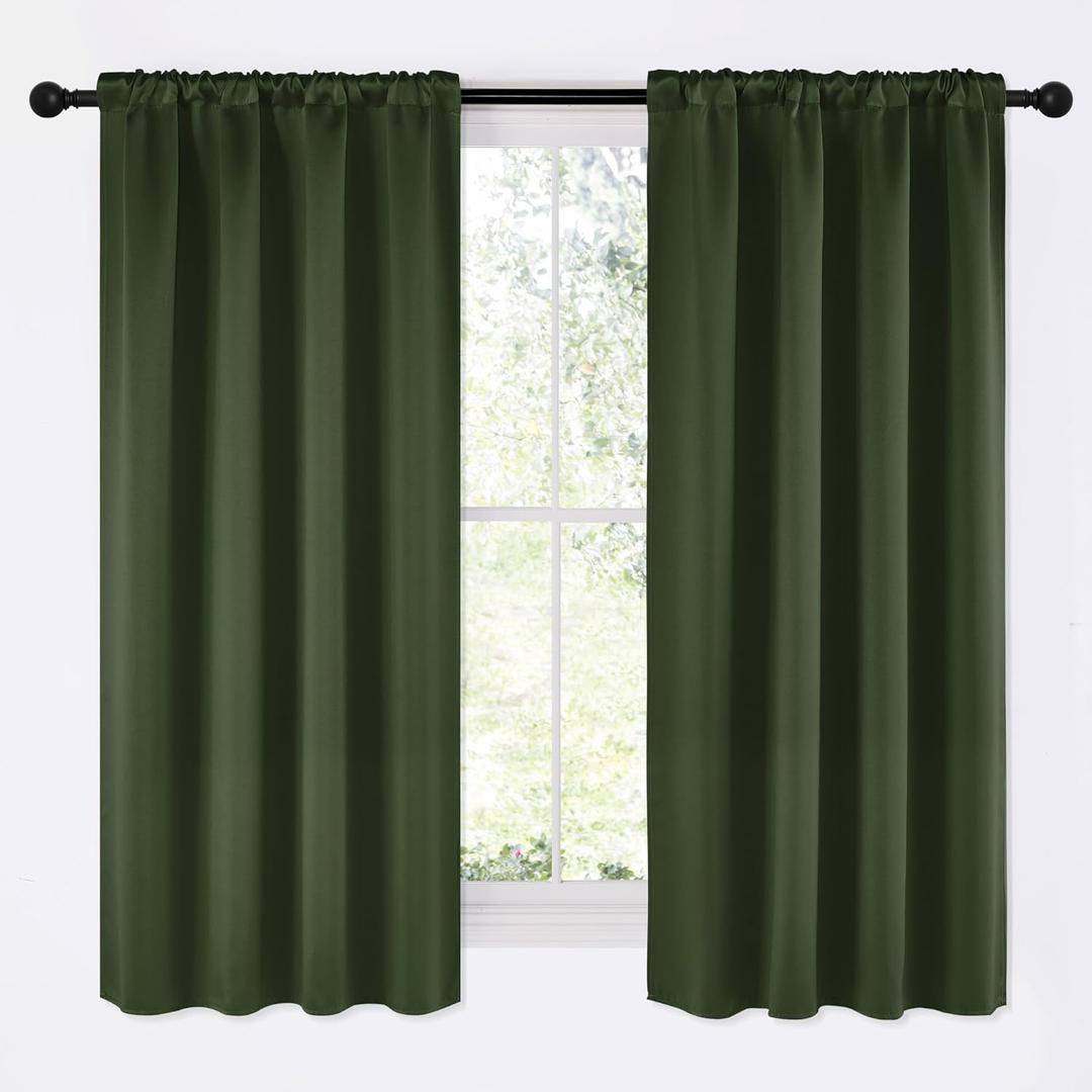 NICETOWN Dark Green Blackout Cafe Satin Curtains for Small Windows, 42" Wide by 63" Long, 2 Panels, Rod Pocket Noise Reducing Faux Silk Blackout Drapes for Dining Room