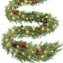 Extra Thick & Lush - 9 Ft by 12 Inch Prelit Christmas Garland with 50 Lights Timer, Real Touch Cedar Garland, 175 Tips Realistic Soft Battery Operated Red Berry Pinecones Xmas Garlands Indoor Outdoor