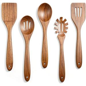 Solidith Acacia Wooden Spoons for Cooking, 5-Piece Wooden Kitchen Utensil Set with Spatula, Slotted Spoon & Pasta Fork, Non-Stick Safe Cooking Utensils, Durable Natural Wood Kitchen Tools Gift Set